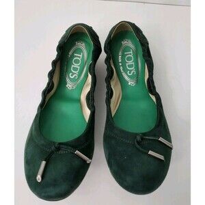 TODS Ballet Flats Womens 7 37 Dark Green Suede Leather Comfort Driving Flats